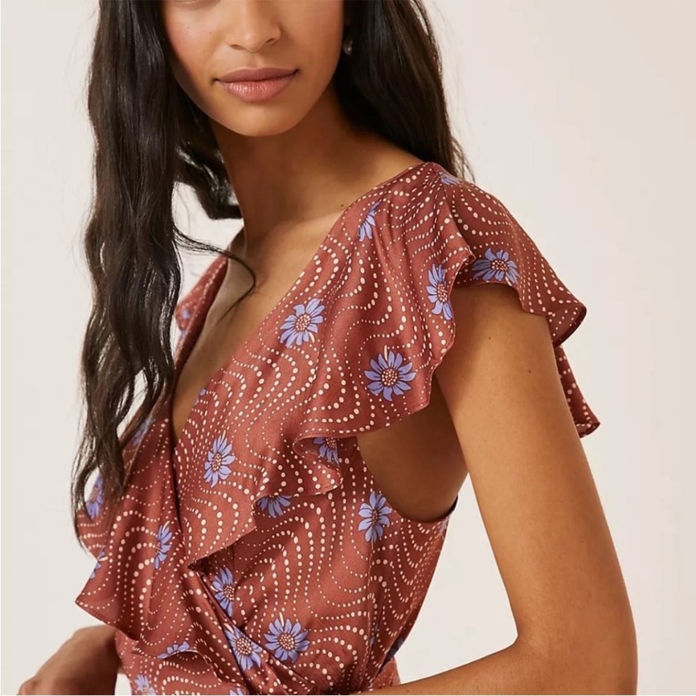 By Anthropolgie Ruffle-Sleeve Printed-Wrap Maxi Dress New Size Medium - Picture 4 of 12